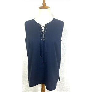Adrienne Vittadini Women's Lace Front Blouse Sleeveless Blue Size Medium